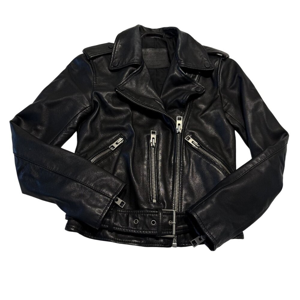 AllSaints Balfern Black Butter-Soft Leather Moto Biker Jacket Women's 0 - Picture 1 of 8